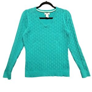 Caribbean Joe Sweater Cable Knit V-Neck XL Teal Green Coastal Preppy Long Sleeve